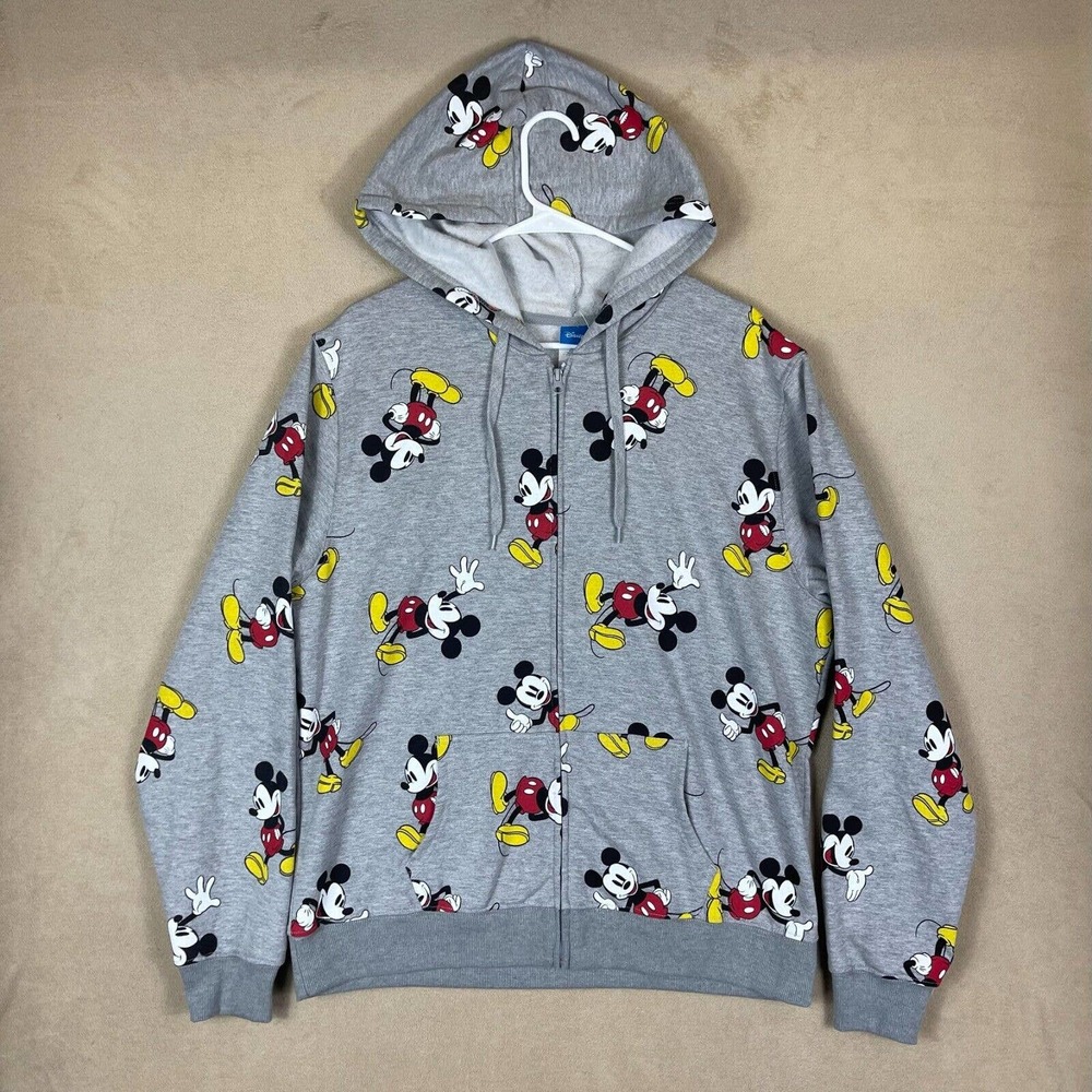 Disney Mickey Mouse Graphic Full Zip Hoodie Jacket Unisex XL Gray Pockets NWT‎